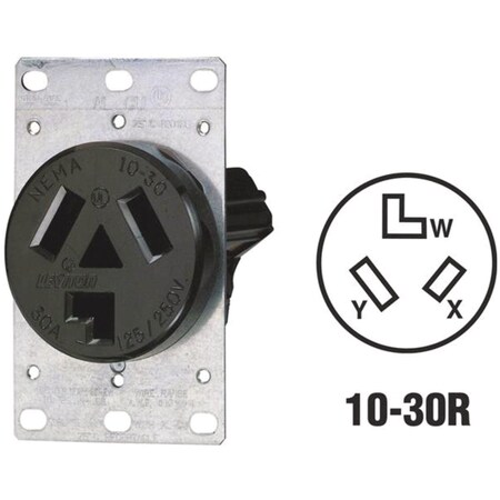 Leviton Straight Blade Receptacle, 10-30R, 30 A, 125/250V AC, 2 Pole, 3 Wire, Flush Mount, Grounded R30-05207-S10